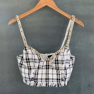 NBD Tweed Bustier Crop Top Gold Chain Straps Black White Size Small